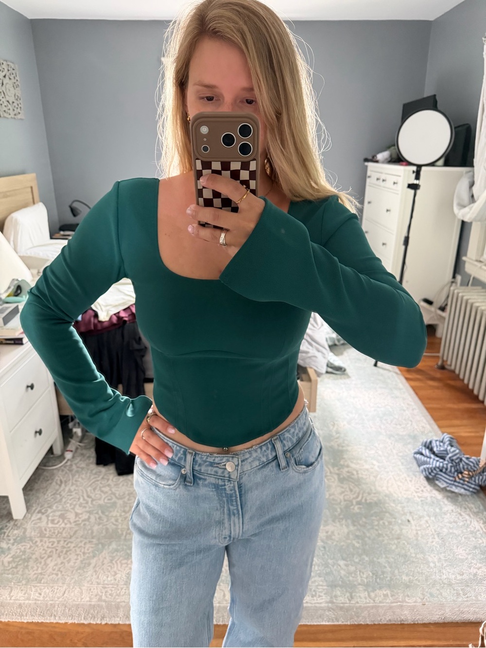 Abercrombie Women’s Square-Neck Long-Sleeve Cropped Top in Teal